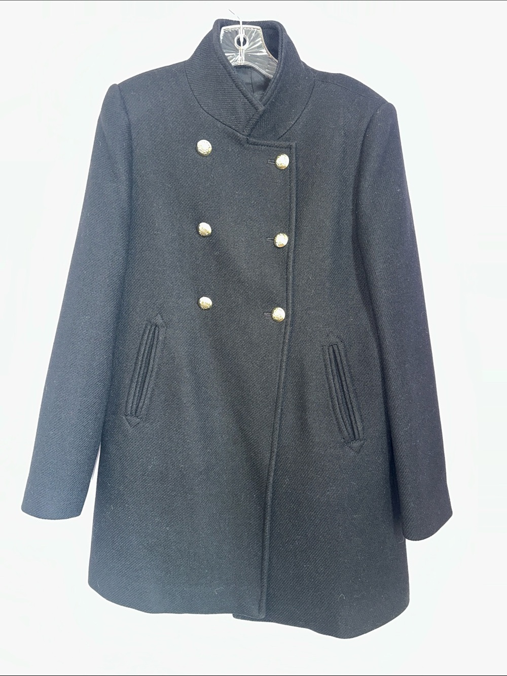 Zara Black Wool Blend Military Peacoat Gold Buttons Women’s Small